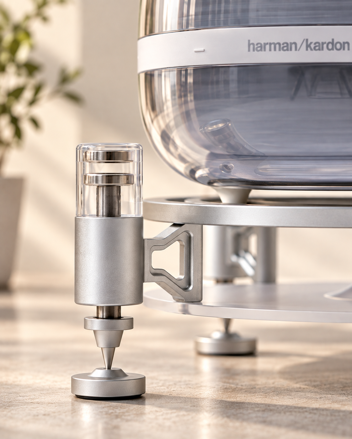 Close-up of AUREVA magnetic isolation foot and aluminum frame