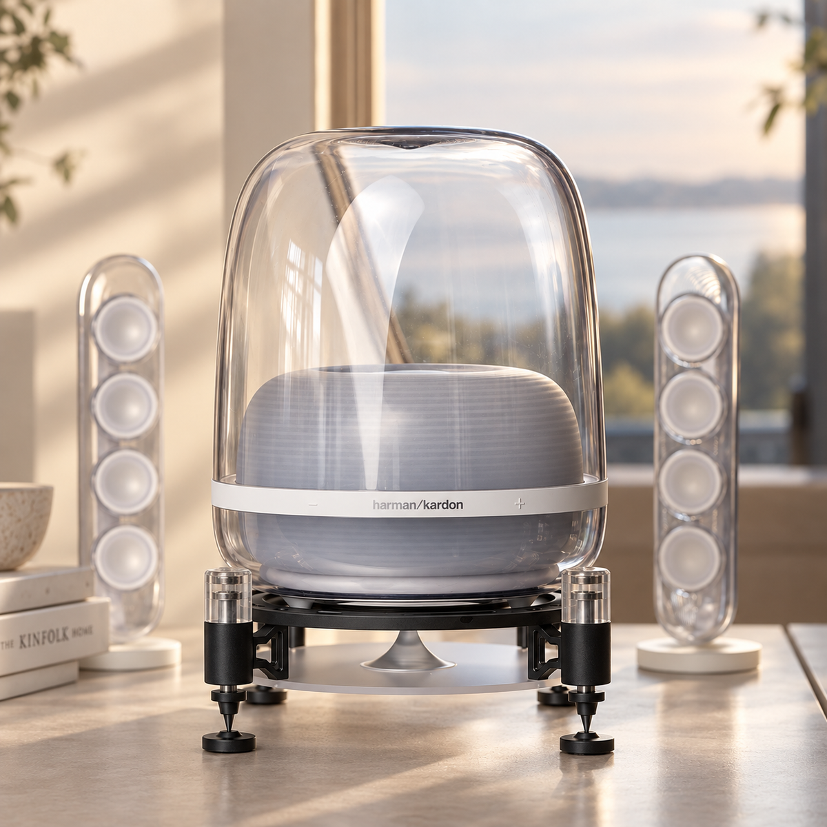 Front view of AUREVA Magnetic Isolation Speaker Base with speaker